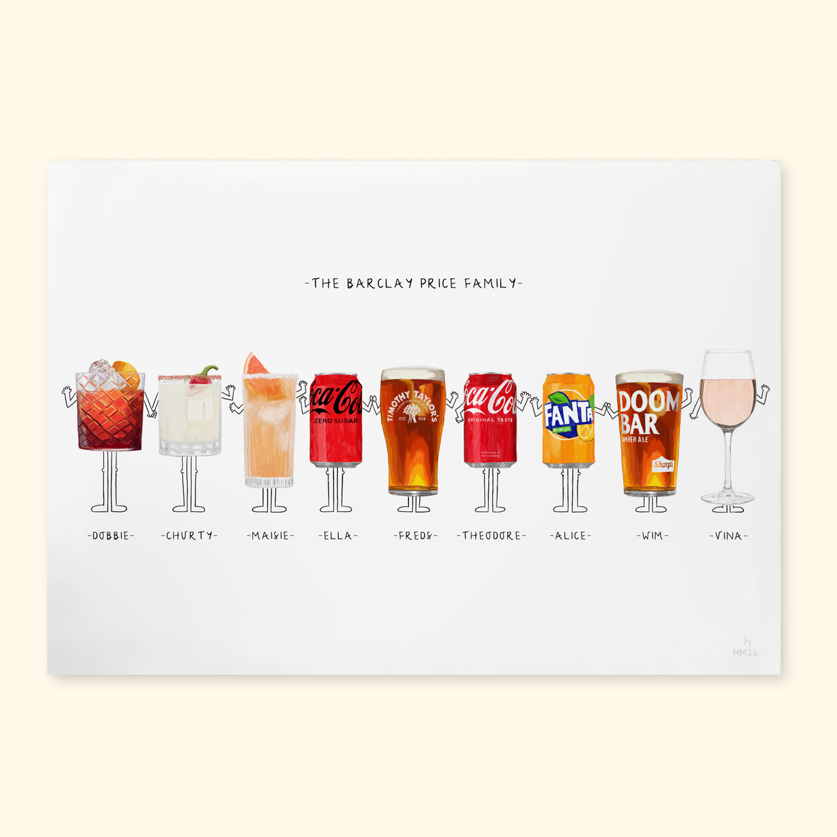 Munch for Nine: The Barclay Price Family, nine people drawn as their favourite drinks, unframed
