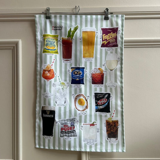 English Pub tea towel hanging on a panelled wall