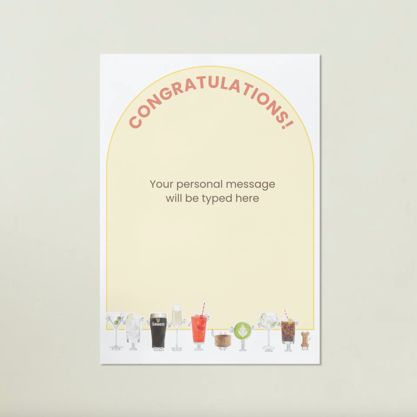 Greeting card with 'Congratulations!' text and drink illustrations on a beige background