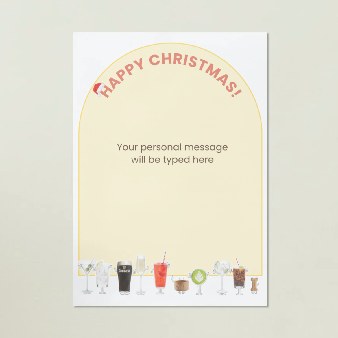 Personalized Christmas card with drink illustrations and customizable text area on a beige background