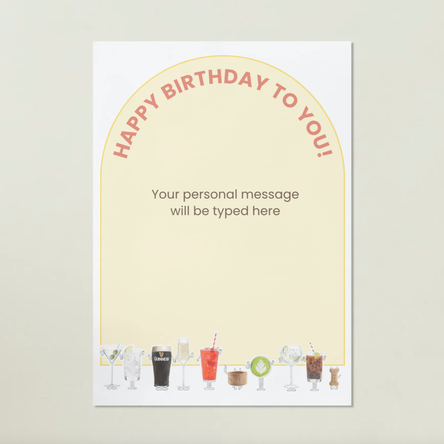 Birthday card with cartoon drinks and customizable message area on a beige background