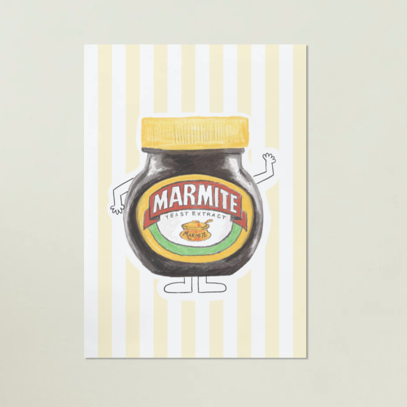 Marmite jar illustration on a striped background