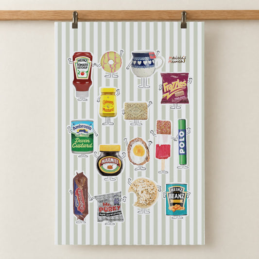 Jolly English tea towel hanging from a wooden rail