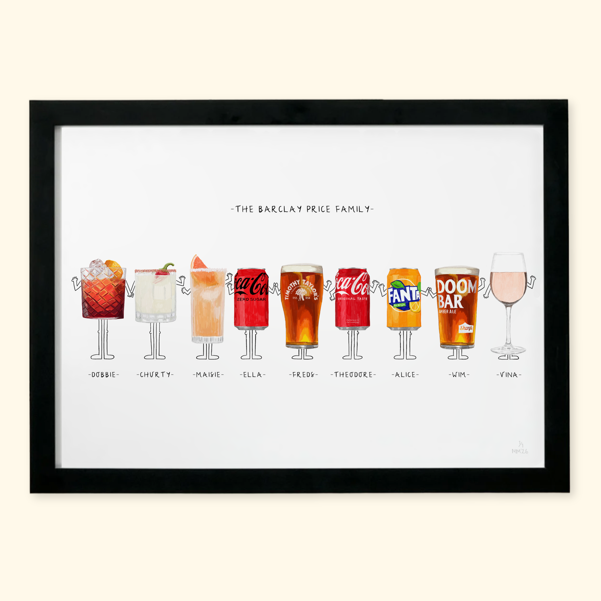 Munch for Nine: The Barclay Price Family, nine people drawn as their favourite drinks, in a black frame