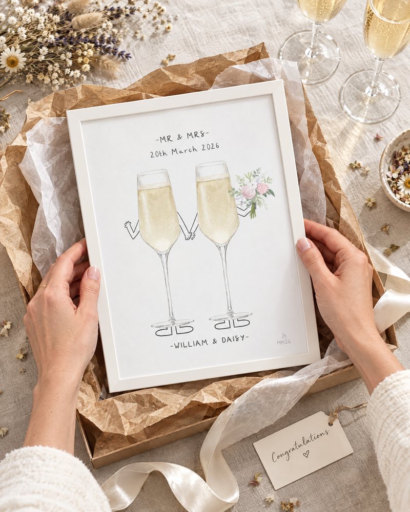 Personalised champagne flute wedding print being unwrapped from kraft paper