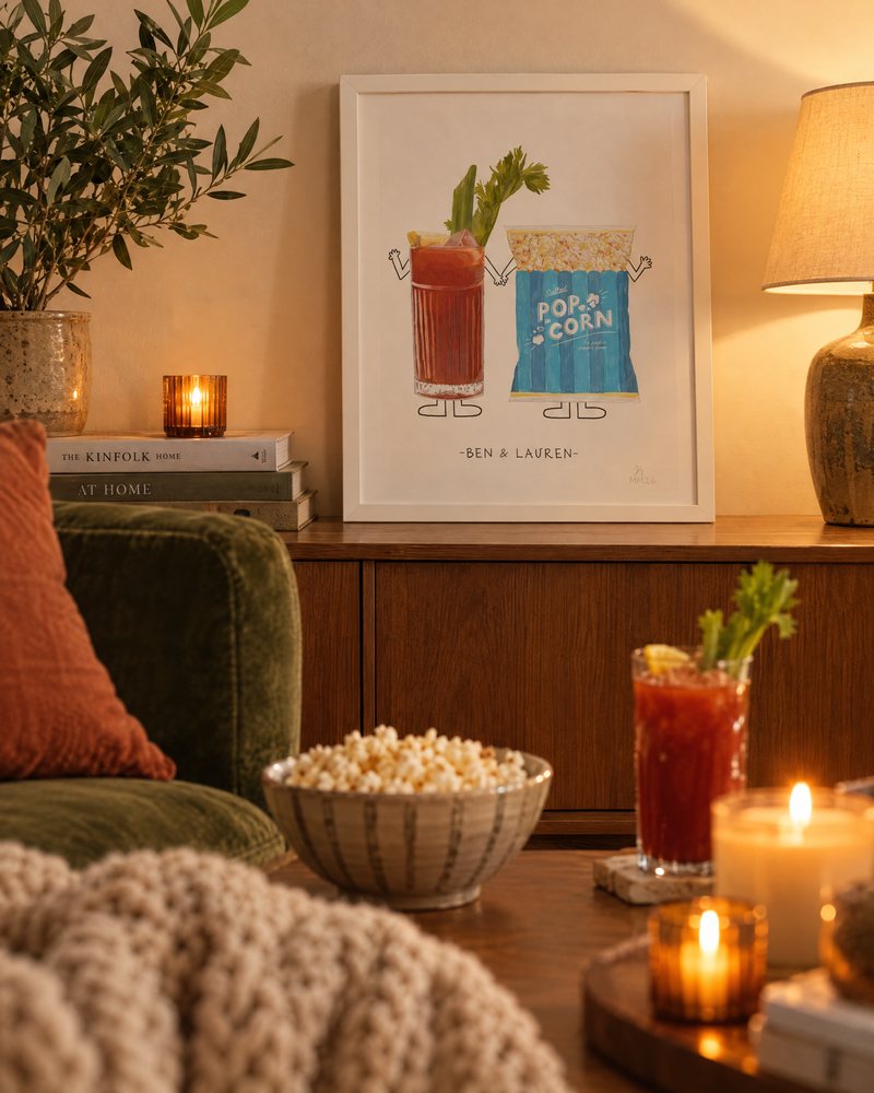 Personalised Bloody Mary and popcorn couple print on a sideboard on movie night