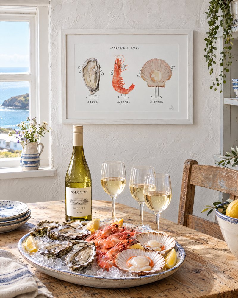 Framed Cornwall seafood portrait of three in a seaside kitchen with oysters, prawns and scallops
