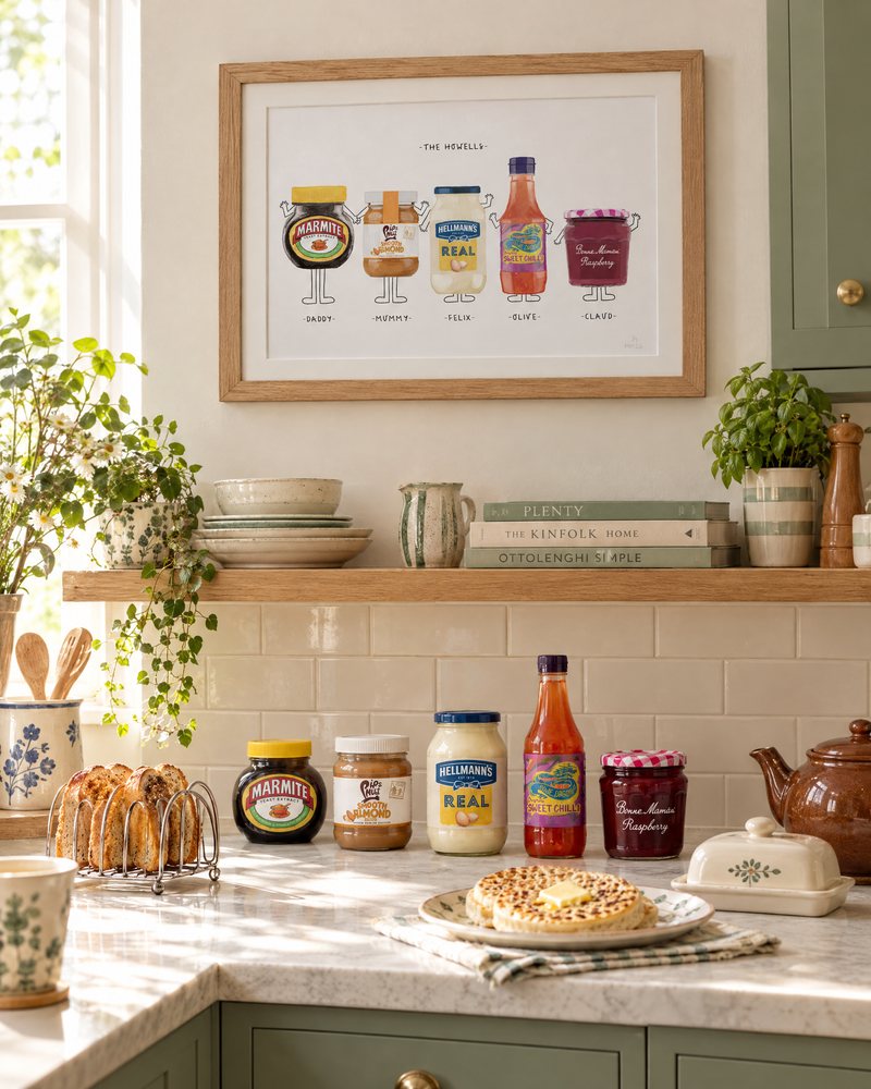 Framed family portrait of five jars above a kitchen worktop with the real jars